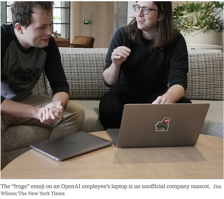 A froge sticker on an OpenAI employee's laptop, sitting on a coffee table during a meeting.