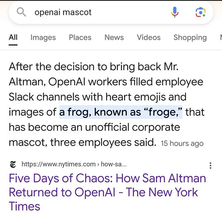 A Google search for 'openai mascot' surfacing the New York Times line about the froge emoji becoming an unofficial corporate mascot.